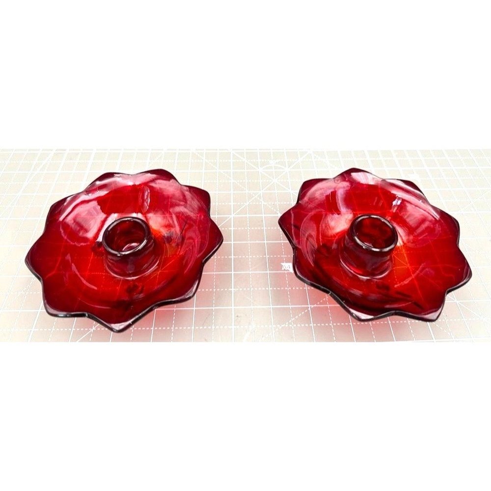 Vintage Lotus Flower Fenton Glass Amberina Candlestick Holders Glow